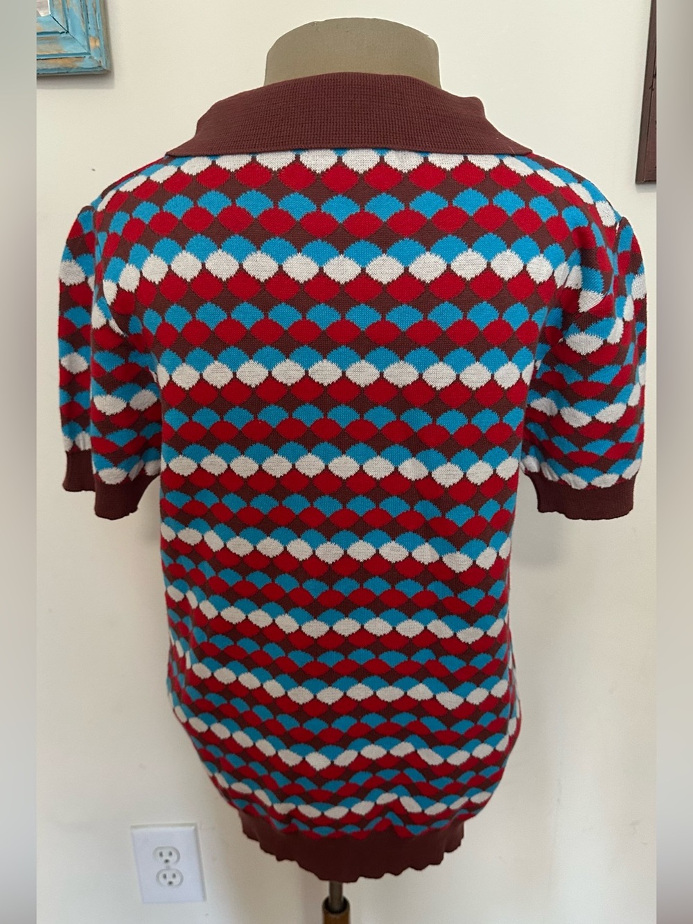 OxKnit Short-Sleeve Scoop-Collar Knit Sweater in Red, Blue & White 100% Cotton - Picture 3 of 9